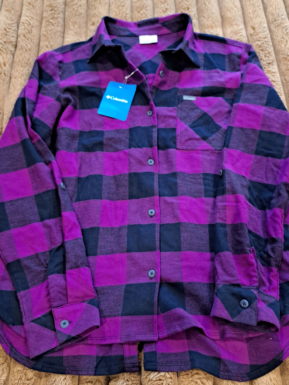 NWT Columbia Womens Flannel Shirt Purple Black Buffalo Plaid Women's Size Large